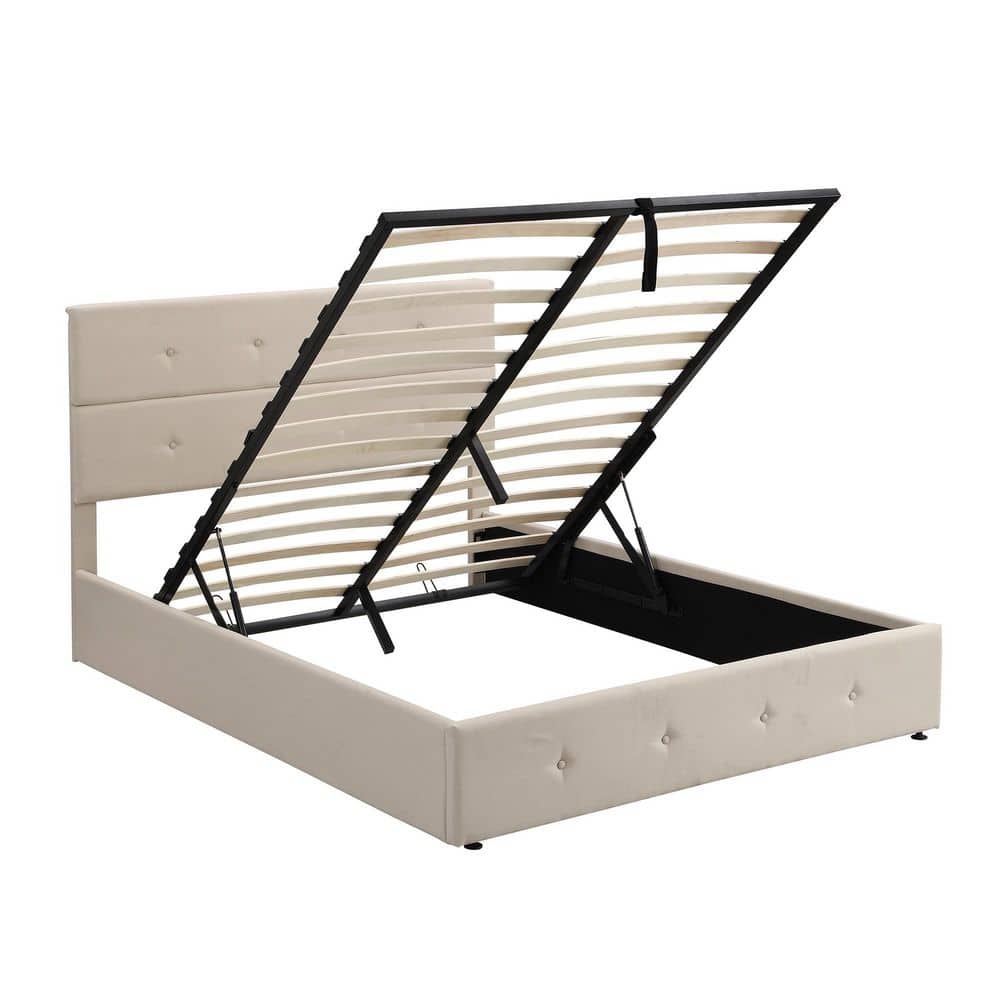 Angel Sar Beige Wood Frame Upholstered Queen Platform Bed Frame with ...