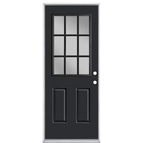 32 in. x 80 in. 9 Lite Jet Black Left Hand Inswing Painted Smooth Fiberglass Prehung Front Door with No Brickmold