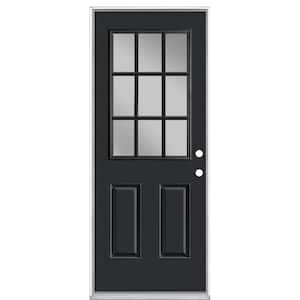 32 in. x 80 in. 9 Lite Jet Black Left Hand Inswing Painted Smooth Fiberglass Prehung Front Exterior Door, Vinyl Frame