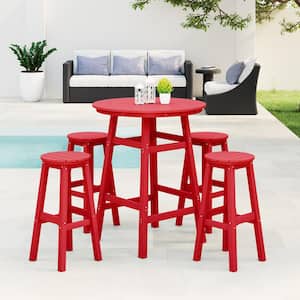 Laguna 5-Piece Bar Height HDPE Plastic Outdoor Patio Round High Top Bistro Dining Set in Red