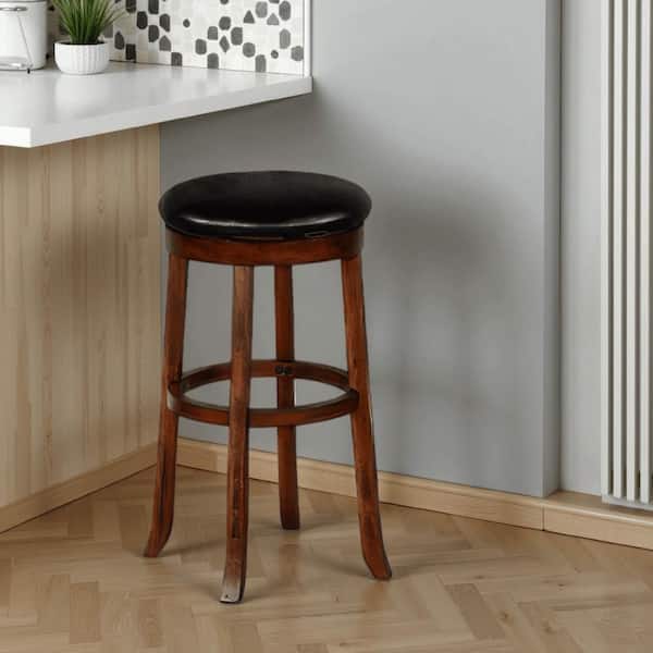 Benjara Reggie Swivel Black and Brown Wood Frame Barstool Set Reggie Swivel with Cushion (Set of 2)