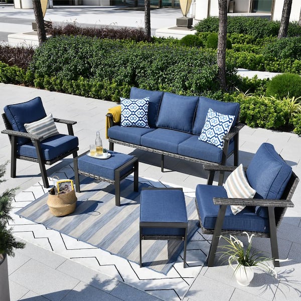 HOOOWOOO Walden Grey 5-Piece Wicker Metal Outdoor Patio Conversation Sofa Seating Set with Denim Blue Cushions