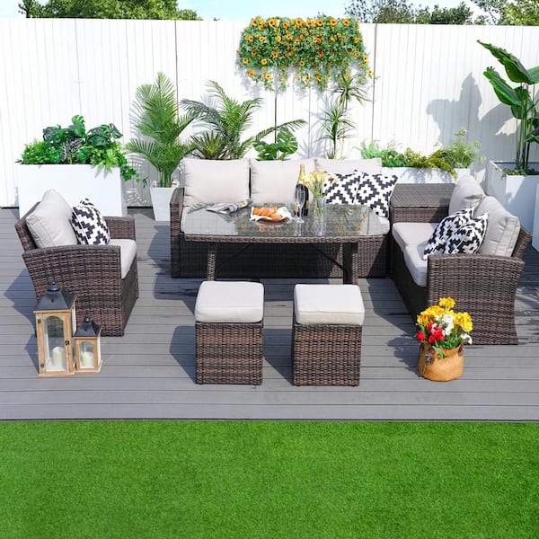 moda furnishings Penny 7-Piece Wicker Patio Conversation Set with Beige Cushions