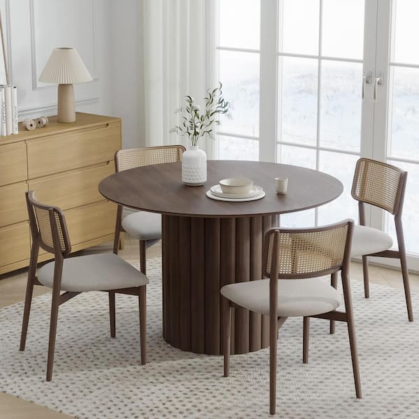 Lirago Round Walnut Wood 46 in. Column Base Dining Table Seats 4