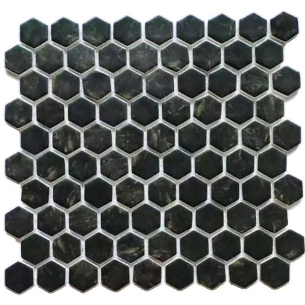 Monet Black 11 in.x 12 in. Glossy Porcelain Hexagonal Mosaic Floor and Wall Tile (12.74 sq.ft./Case)