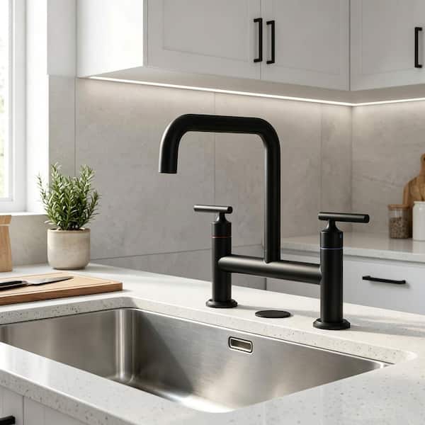 Double Handle Bridge Faucet with Kitchen Sink Hole Cover in Matte Black