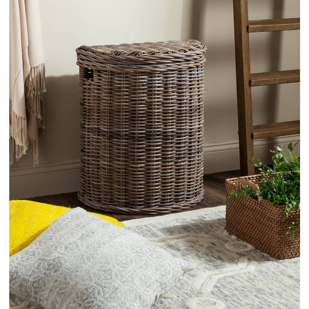 Gray Wicker Upright Laundry Hamper with Lid