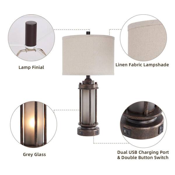 25 in. Bronze Rustic Vintage Lantern Table Lamp with 2 Bulbs