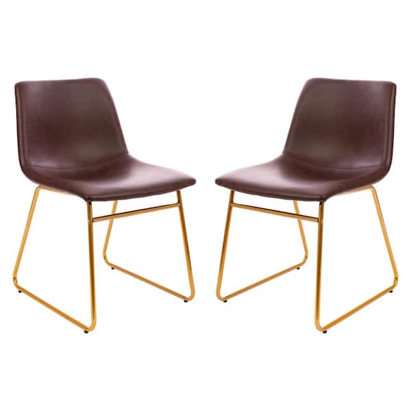 Dark Brown Gold Frame Faux Leather Dining Chair (2-Pack)