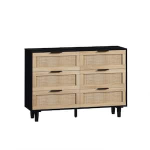 43 in. W x 16 in. D x 30 in. H Rattan Storage Cabinet, for Bedroom Living Room, Black and Natural Wood Semi-Custom