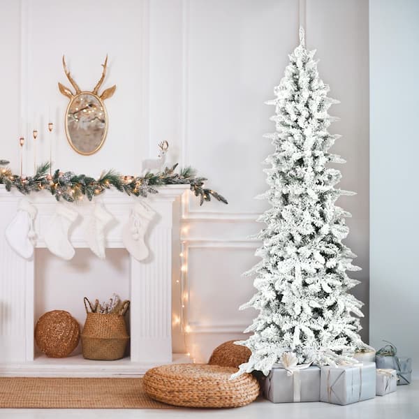 7.5 ft. Pre-Lit Flocked Slim Mountain Pine Artificial Christmas Tree with Multi-Color LED Lights