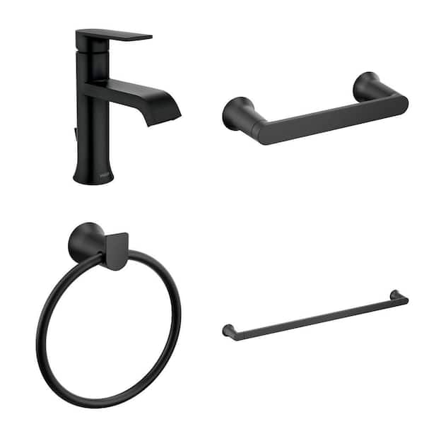 Genta Matte Black Bathroom Faucet, Toilet Paper Holder, Towel Ring and 24 in. Towel Bar Combo