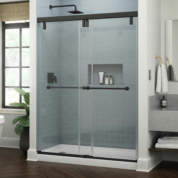 Delta Mod 58-1/2 in. x 71-1/2 in. Soft-Close Frameless Sliding Shower Door in Black, Clear 3/8 in. (10mm) Tempered Clear Glass