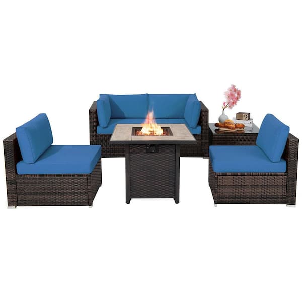 HONEY JOY 6-Pieces Wicker Patio Conversation Set With 30 in. Gas Fire Pit Table 50,000 BTU Navy Cushions