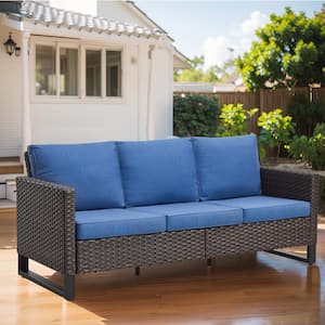 Valenta Brown Wicker Outdoor Couch with Blue Cushions