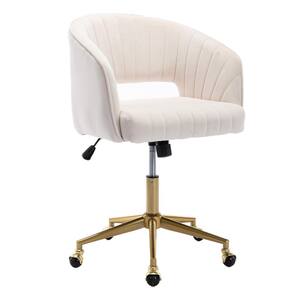 Beige Home Office Computer Desk Chair Velvet Seat Adjustable Swivel Accent ArmChair Task Stool with Gold Plating Base