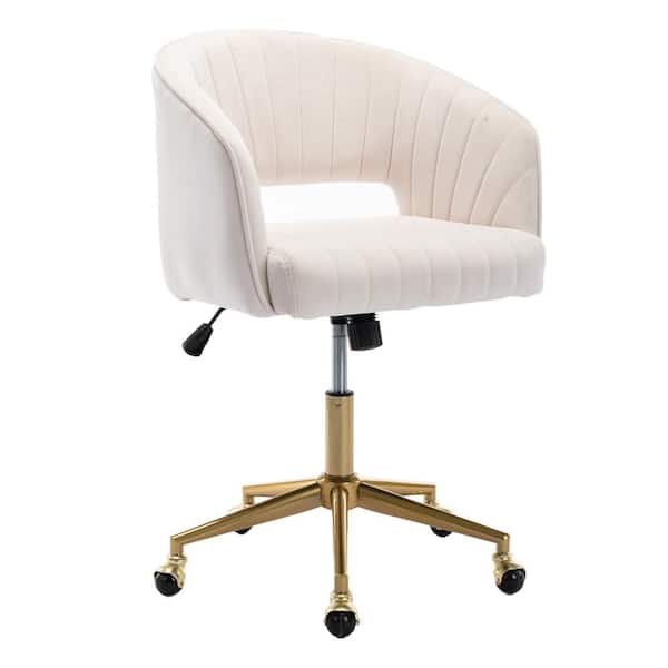 Unbranded Beige Home Office Computer Desk Chair Velvet Seat Adjustable Swivel Accent ArmChair Task Stool with Gold Plating Base