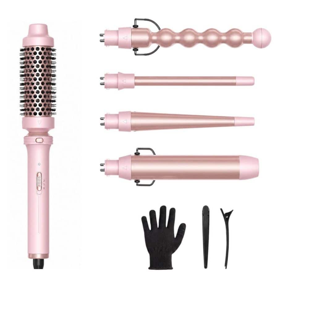 5 in 1 Pink Curling Iron Set with Curling Brush, 4 Interchangeable Ceramic Curling Wand, Glove and 2 Clips