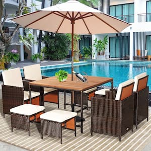 29.5 in. 9-Piece Wicker Square Outdoor Dining Set with White Cushion