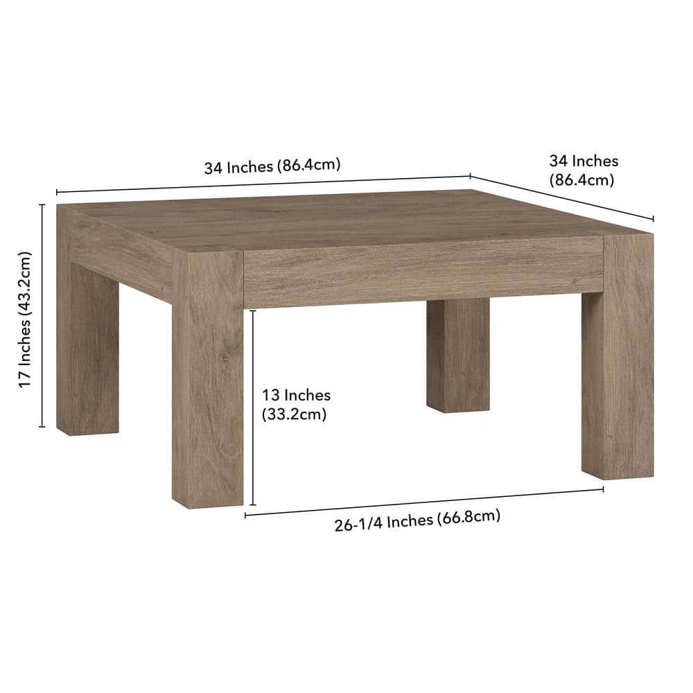 Antiqued Gray Oak Square MDF Coffee Table, 34 Inch