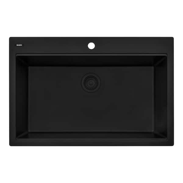 EpiStage 33 in. Drop-in Single Bowl Workstation Kitchen Sink in Matte Black Granite Quartz Composite with Accessories