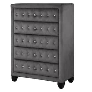 Tiny 5-Drawer Gray Chest of Drawers Upholstery Velvet (49.00 in. H x 36.00 in. W x 16.00 in. D）
