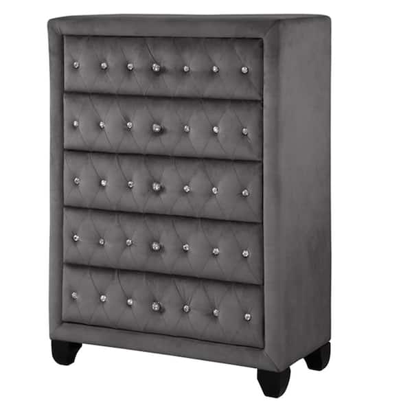LUCKY ONE Tiny 5-Drawer Gray Chest of Drawers Upholstery Velvet (49.00 in. H x 36.00 in. W x 16.00 in. D）