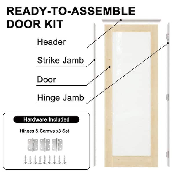 30 in. x 80 in. 1-Lite Frosted Glass Left Solid Core Unfinished Pine Wood Single Prehung Interior Door + Separate Jamb