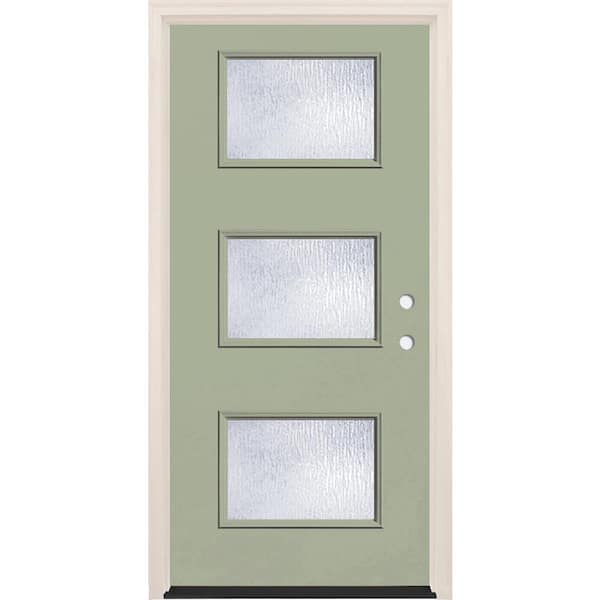 Builders Choice 36 in. x 80 in. Left-Hand/Inswing 3-Lite Rain Glass Cypress Painted Fiberglass Prehung Front Door w/4-9/16 in. Frame