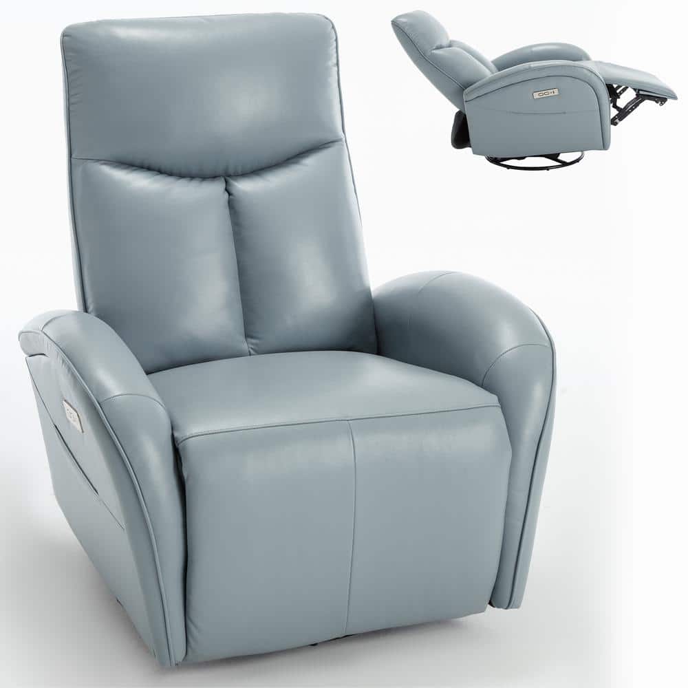 Boyel Living Blue Genuine Leather Power Recliner Chair with Lumbar