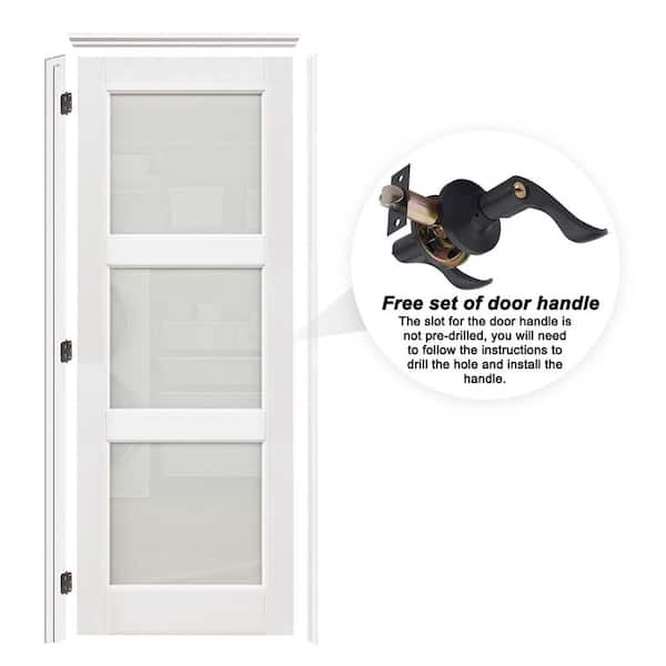 30 in. x 80 in. 3-Lite Frosted Glass Left White Solid Core Wood Single Interior Door Kit with Quick Assemble Jamb