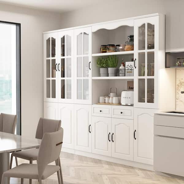 White Wood 94.5 in. W Sideboard Buffet Hutch Cabinet Food Pantry with Drawers, Glass Door Cabinets, Adjustable Shelves