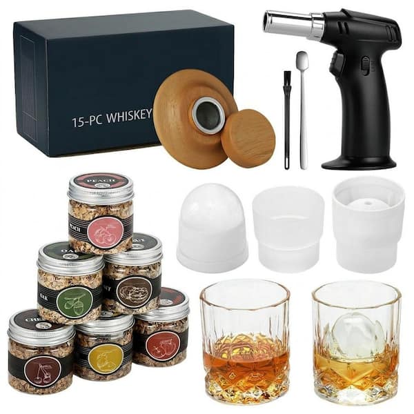 15-Piece Clear Glass Whiskey Smoker Kit with Torch and 6 Wood Chip Flavors for Smoky Cocktails and Drinks
