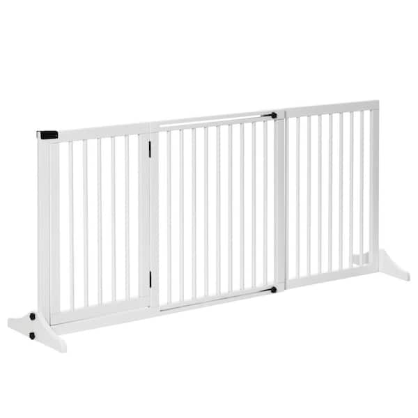 maocao hoom White 65.25 in. x 14.25 in. x 28.00 in. Adjustable Wooden Pet Gate with Safety Barrier, Lockable Door