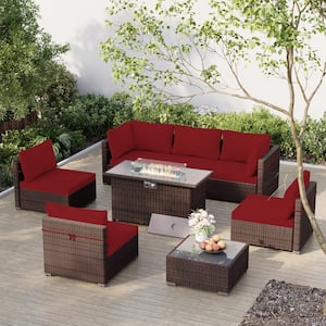 8-Piece Outdoor Brown Wicker Patio Conversation Set with Wicker Fire Pit Table with Red Cushions