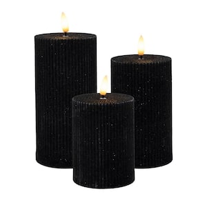 Battery Operated in Black Fluted Pillar Candles (Set of 3)