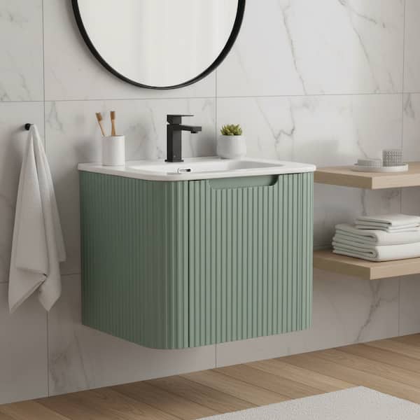 Caskvalley 24 in. Floating Bath Vanity in Mint Green with White Ceramic Sink Top Assembled