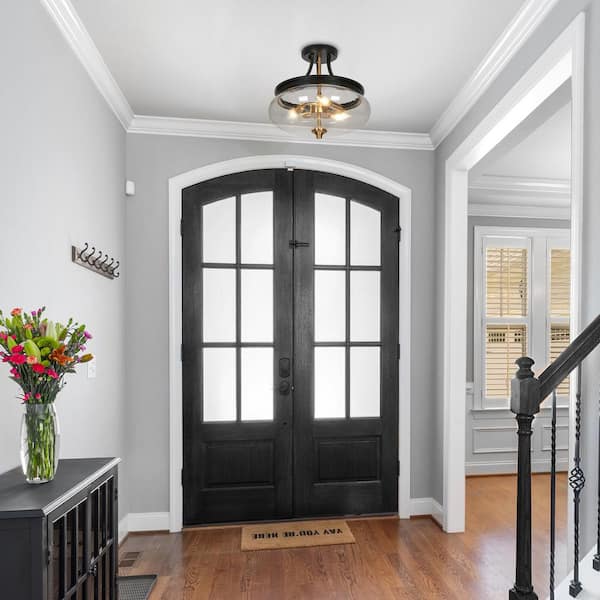 Transitional 14.2 in. Black and Gold Semi-Flush Mount Light, 3-Light Ceiling Light with Bowl Seeded Glass for Foyer