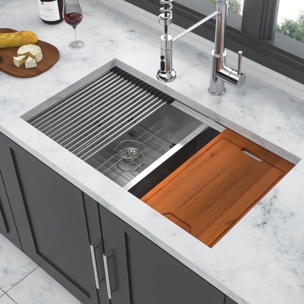 33 in. Undermount Double Bowl (50/50) 16 Gauge Brushed Nickel Stainless Steel Kitchen Sink with Workstation price history on PriceWatchPro