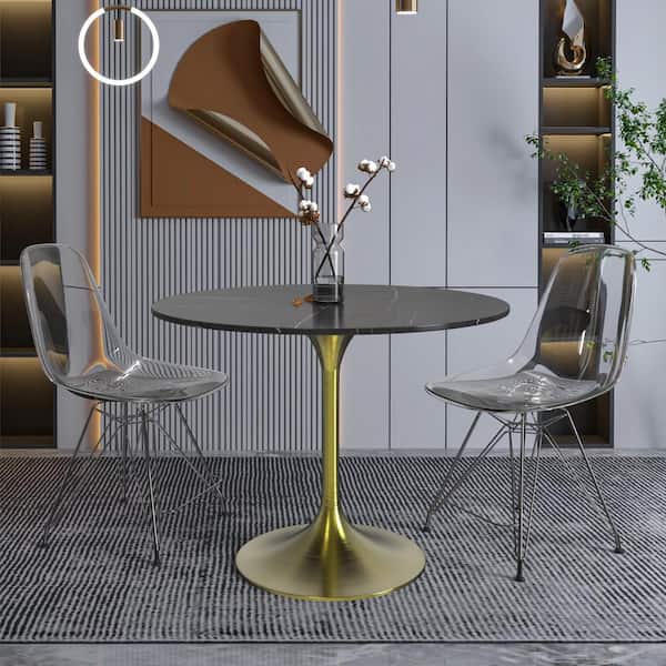 Leisuremod Verve Mid-Century Modern 36 in. Round Dining Table with Sintered Stone Top and Brushed Gold Pedestal Base (Black)