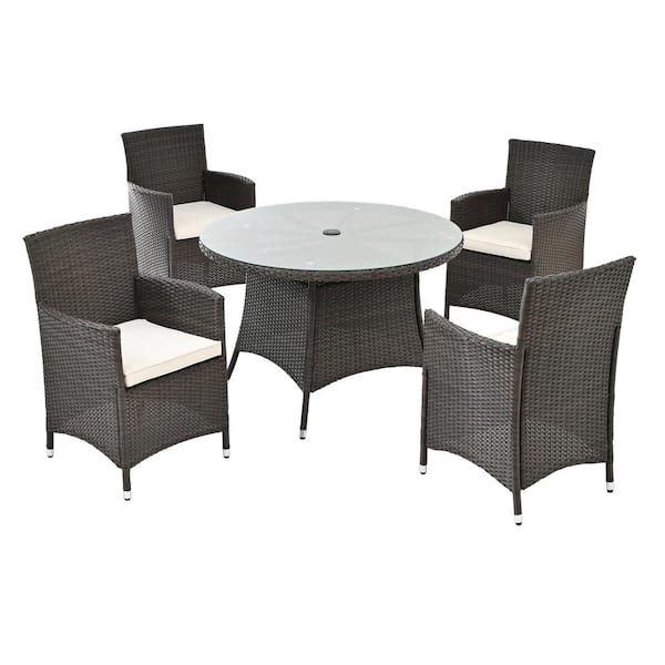 Sudzendf Brown 5-Piece Wicker Outdoor Dining Set with Beige Cushion, Patio Dining Table and Chairs