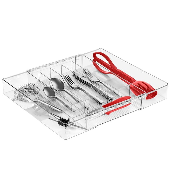 Expandable Silverware Organizer, 2 in. H x 8.25 in. W x 13 in. D Modern Clear Plastic Utensil Tray, Drawer Organizer