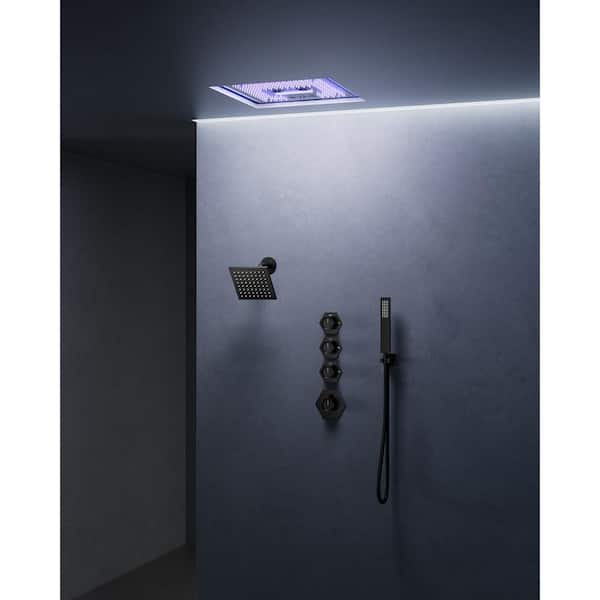 EVERSTEIN 17-Spray 16 and 6in. Dual Shower Heads Ceiling Mount Fixed and Handheld Shower Head in Matte Black