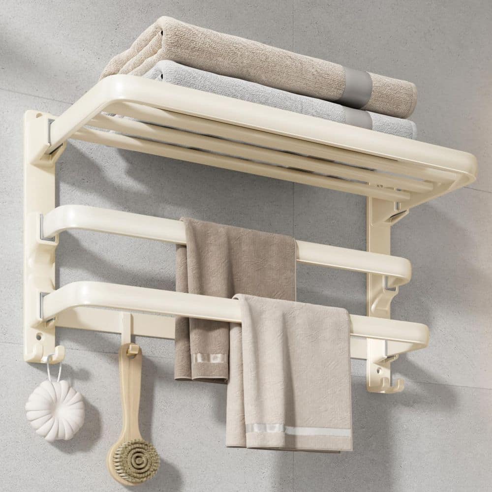 Wudkey 24 in. Bathroom Towel Shelf with 2 Towel Bar, Foldable Towel ...