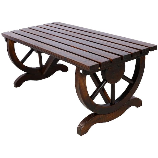 Brown 38.5 in. W x 19 in. L x 15.8 in. H Rustic Wooden Park Bench, Outdoor Lounge Furniture with Wagon Wheel Legs