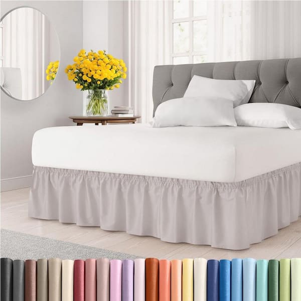 Angel Sar Pleated 12 Drop Light Gray Wrap Around Bed Skirt with Secure  Elastic Strap for Queen Size Beds II85GF42