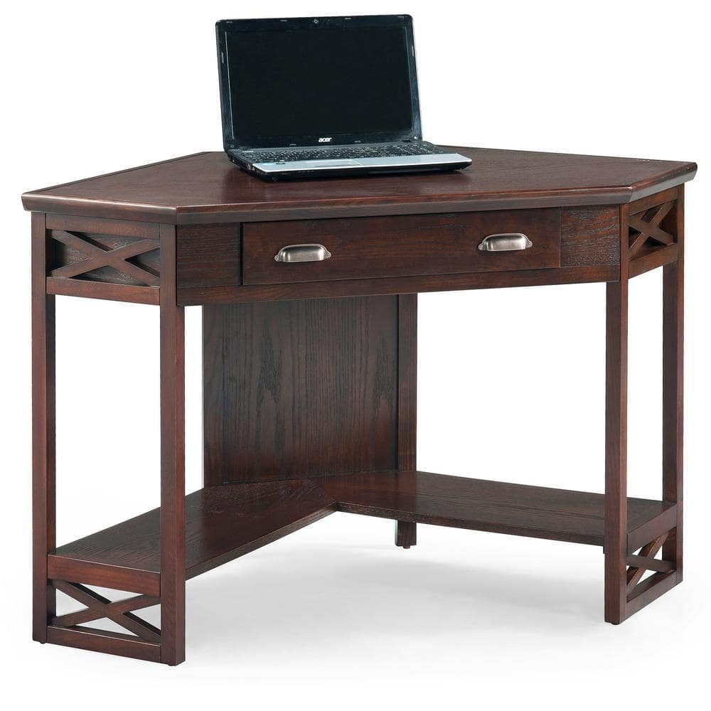 Chocolate Oak Corner Desk with Drawer and Shelf