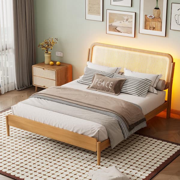 Qualler Antique Orange Wood Frame Queen Platform Bed with LED Light and Rattan Headboard