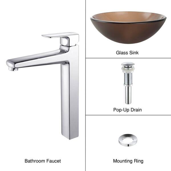 KRAUS Frosted Glass Vessel Sink in Brown with Virtus Faucet in Chrome