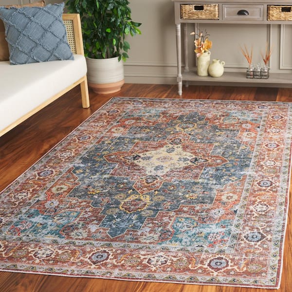 Arizona Rust/Blue Green 8 ft. x 10 ft. Border Ornate Machine Washable Area Rug